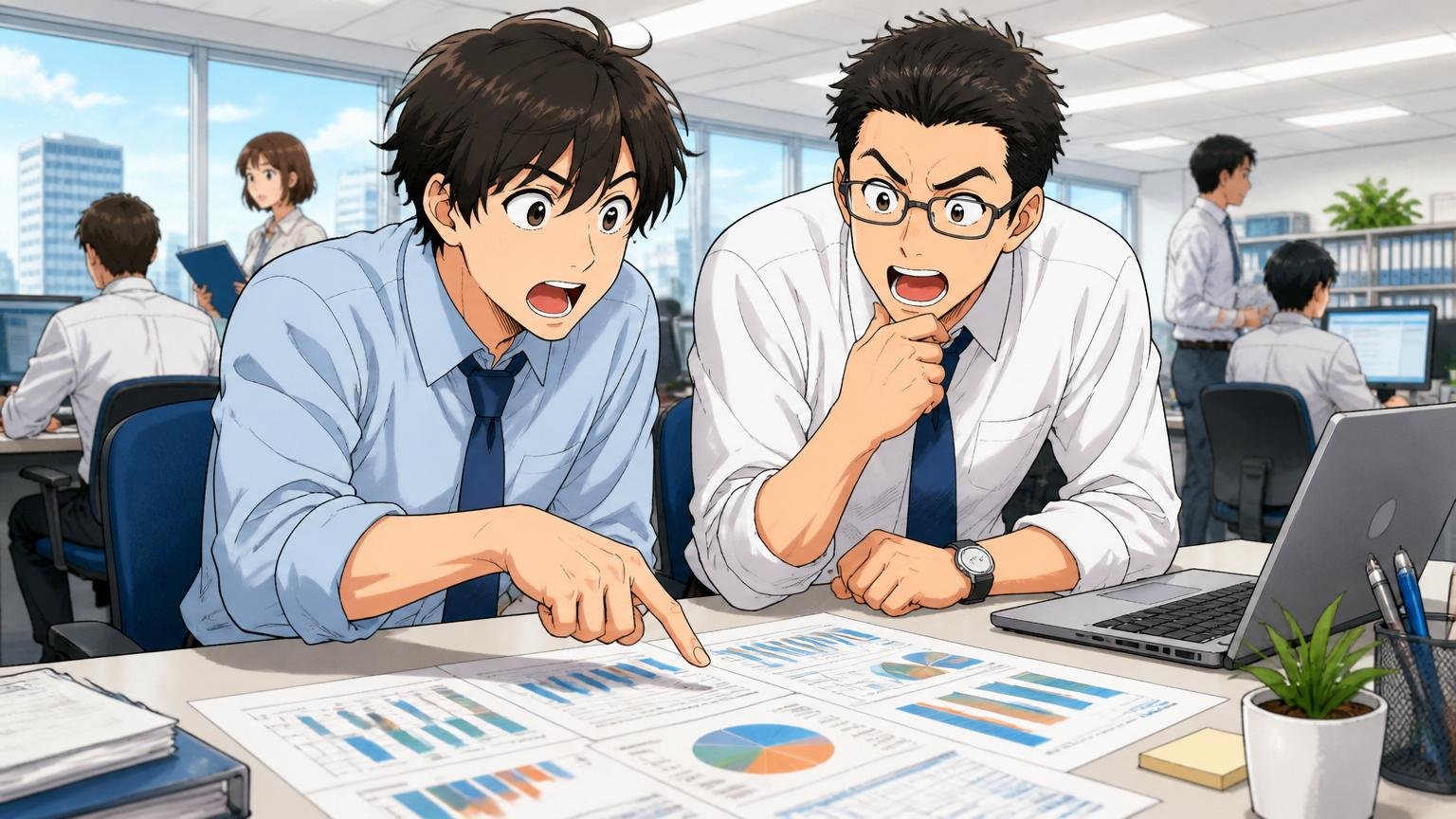 持株会社（従業員107名）の中身。本社ビルのコーポレートフロアで経営企画担当2人が経営資料を見る