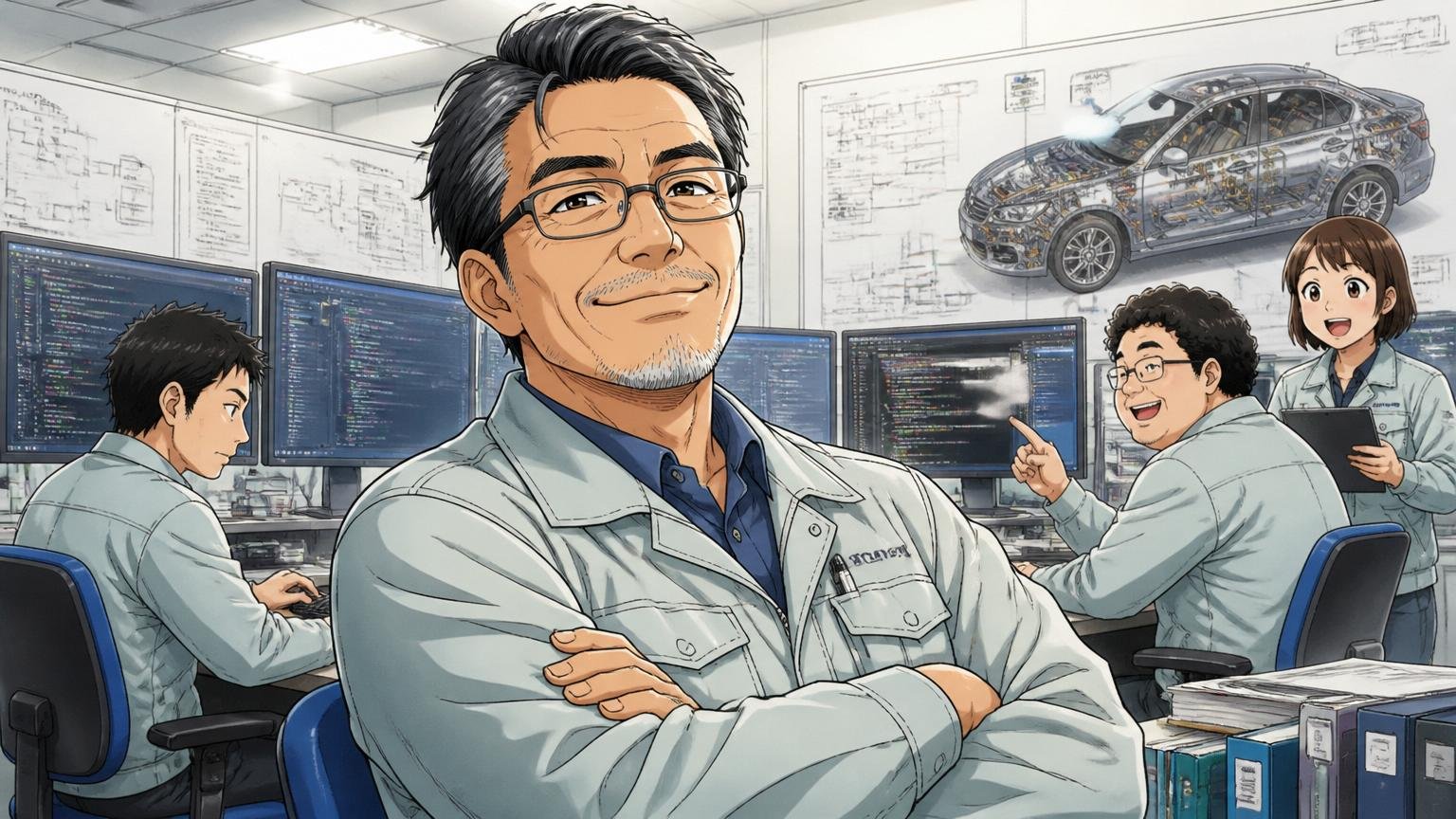 自動車メーカーの基幹システム開発現場で長年同じプロジェクトに携わるベテランエンジニアが満足げに微笑む