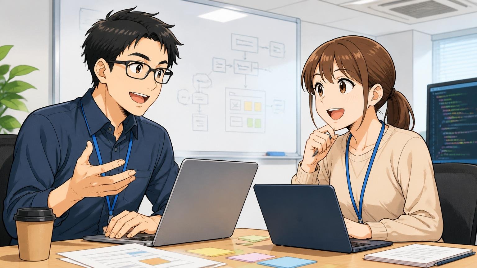 企業の会議室で穏やかに笑顔で打ち合わせをする30代男女エンジニア2人