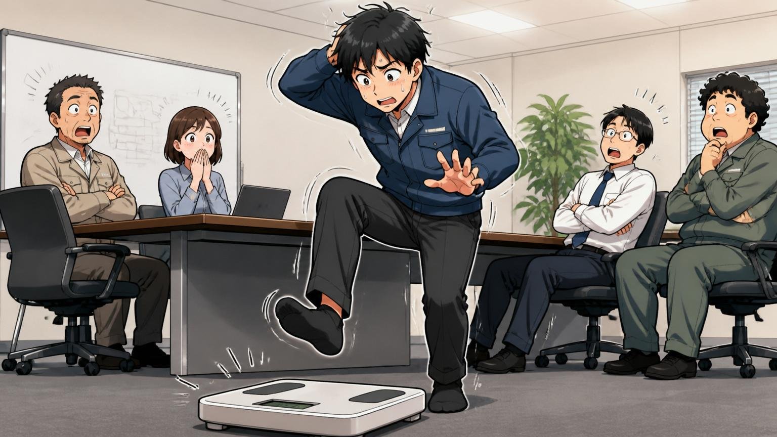 企業の会議室で身分証もなくスケールに乗ろうとして困惑する男性エンジニアの姿が比喩的に描かれた場面