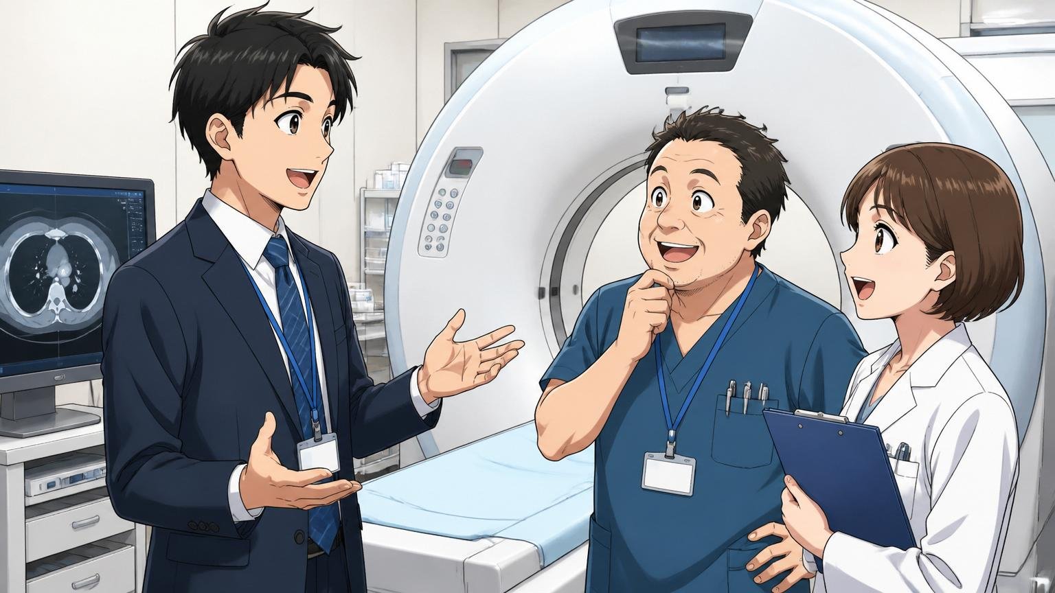 病院の検査室で医療スタッフと一緒に医療画像装置の前で笑顔で話し合う富士フイルム系営業の男性