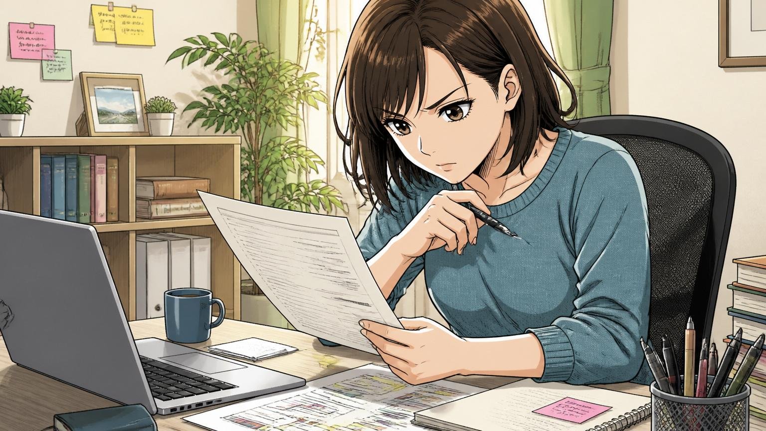 市場価値を棚卸しする・自宅のデスクで職務経歴書を書き直す30代女性エンジニア1名が真剣な表情