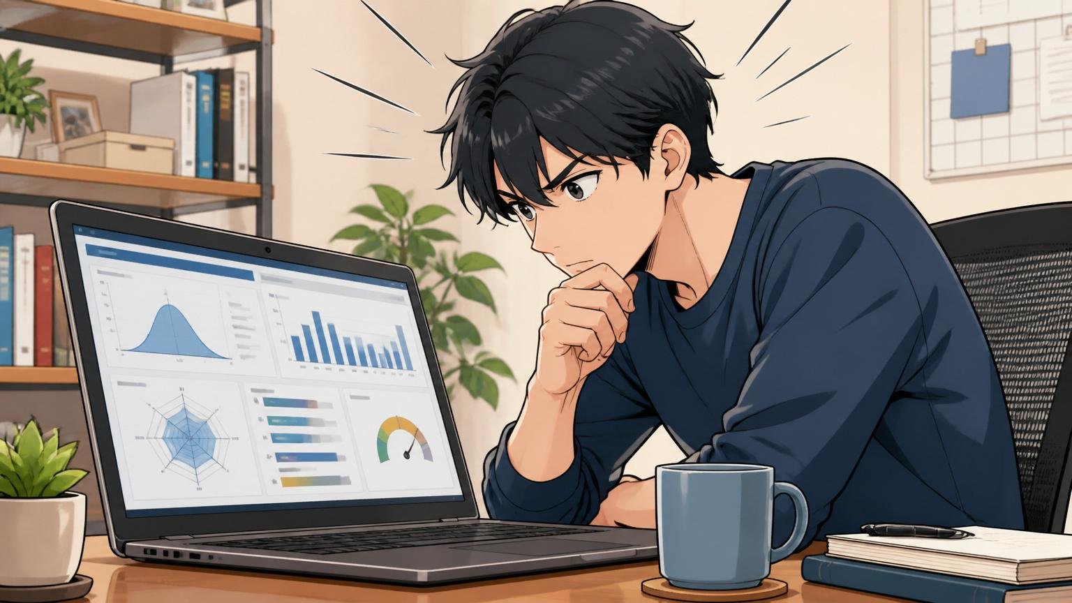 自分の市場価値を客観視。自宅のデスクで在宅勤務エンジニアが年収診断ツールを真剣な眼差しでチェックする場面