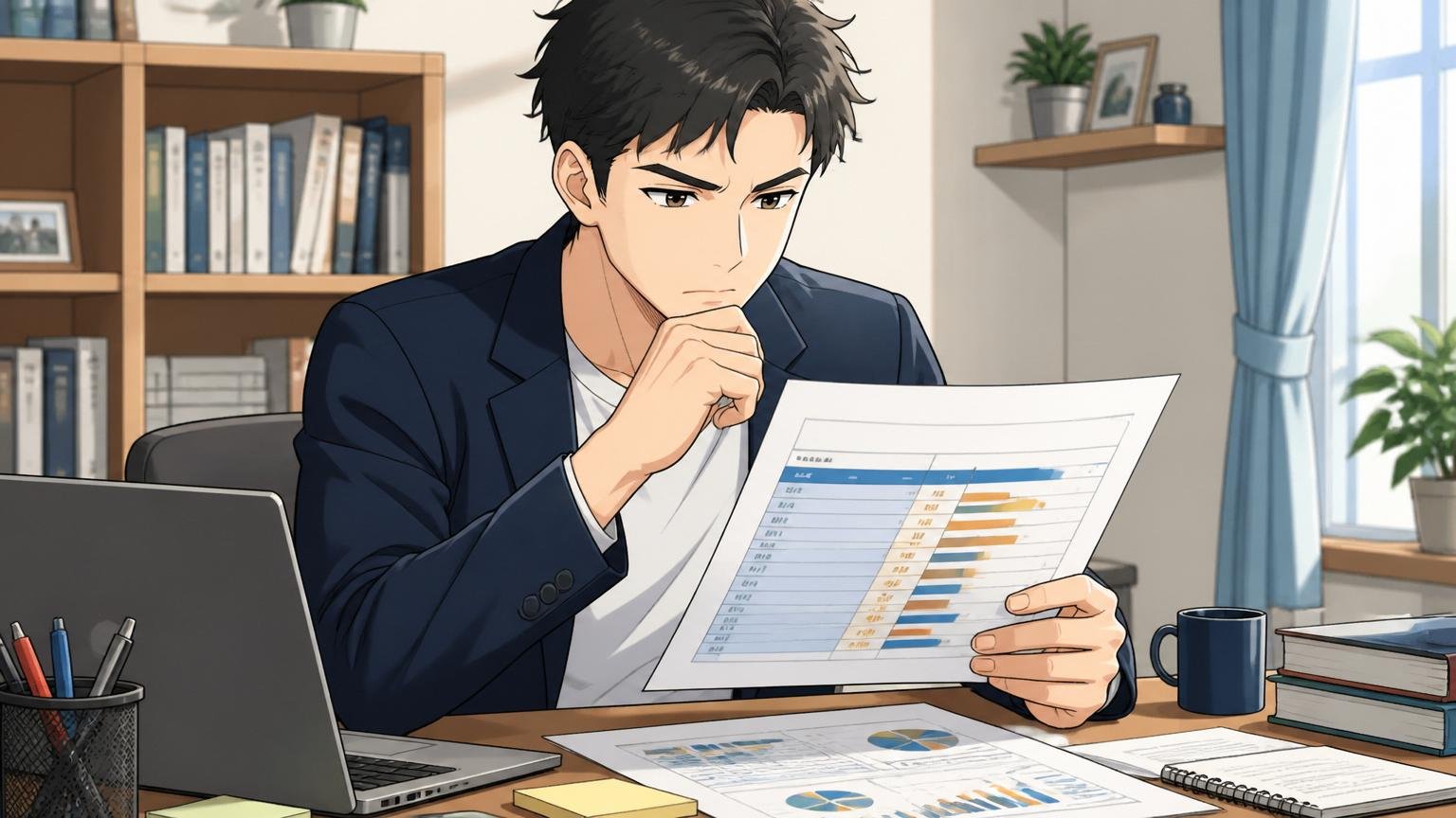 自宅のデスクで現年収と業界相場の比較表を作成するコンサルタント1人、客観視する冷静な表情