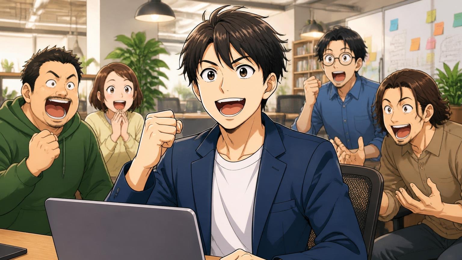 IT企業の面接で評価される元アビーム社員、ITスタートアップのオフィスで自信に満ちた笑顔