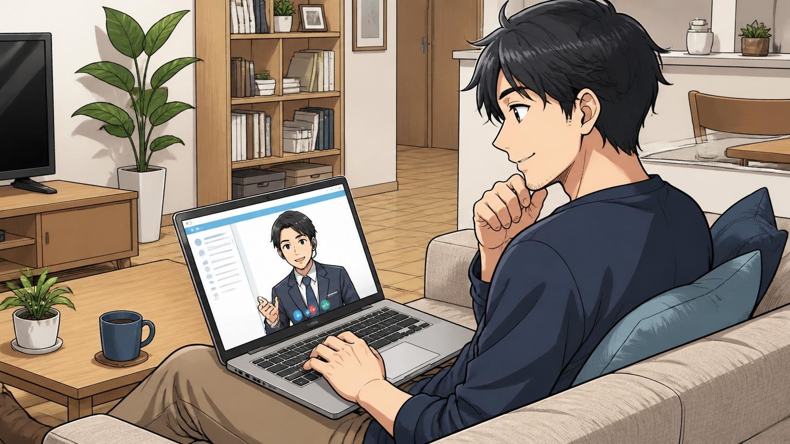自宅のリビングで30代エンジニア1人がノートPCで転職エージェントの面談ページを開いてくつろいで眺めている
