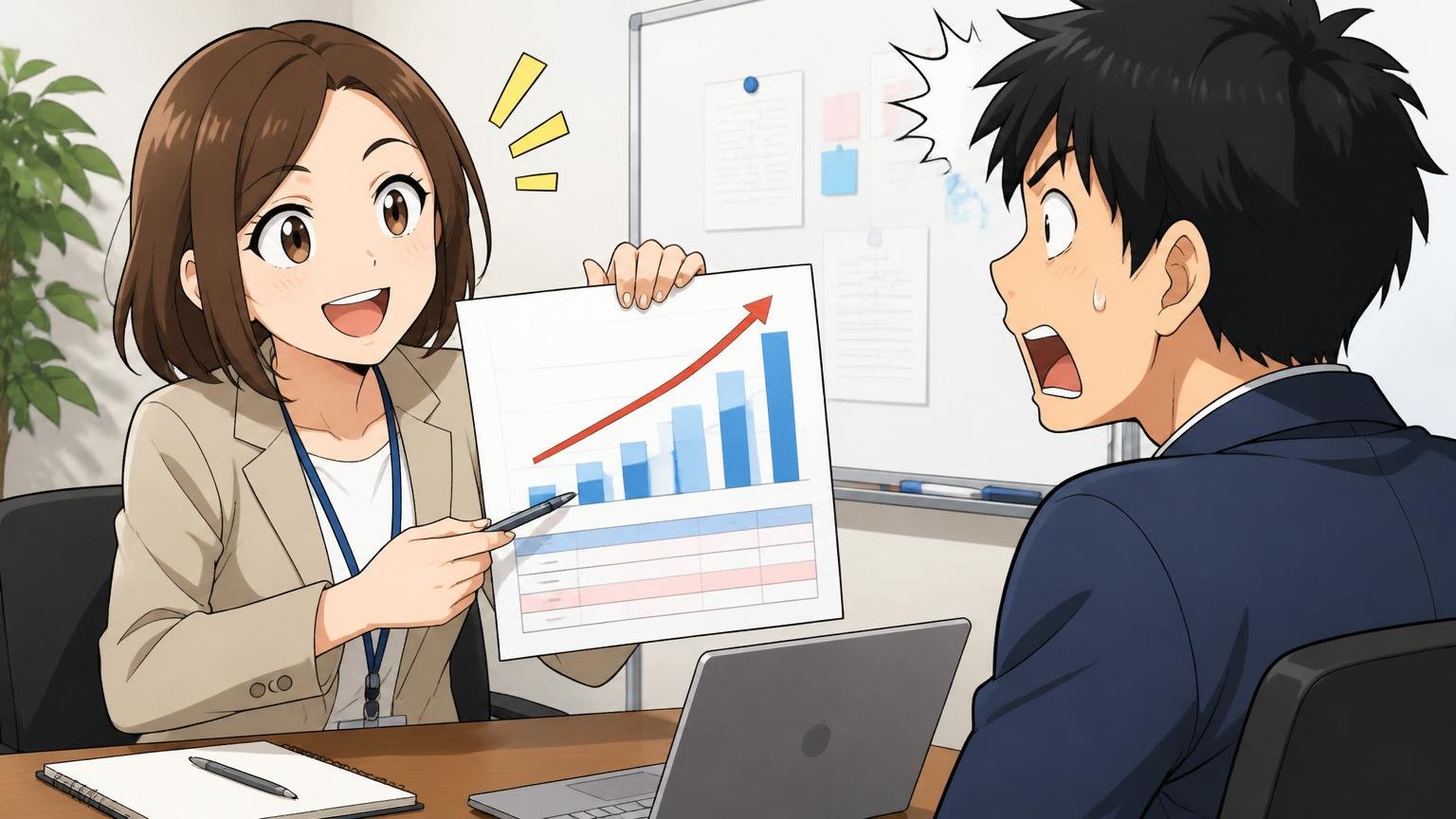 企業の会議室で女性キャリアアドバイザーがエンジニアに想定年収レンジを書いた資料を見せ説明している、エンジニア側は驚いた表情