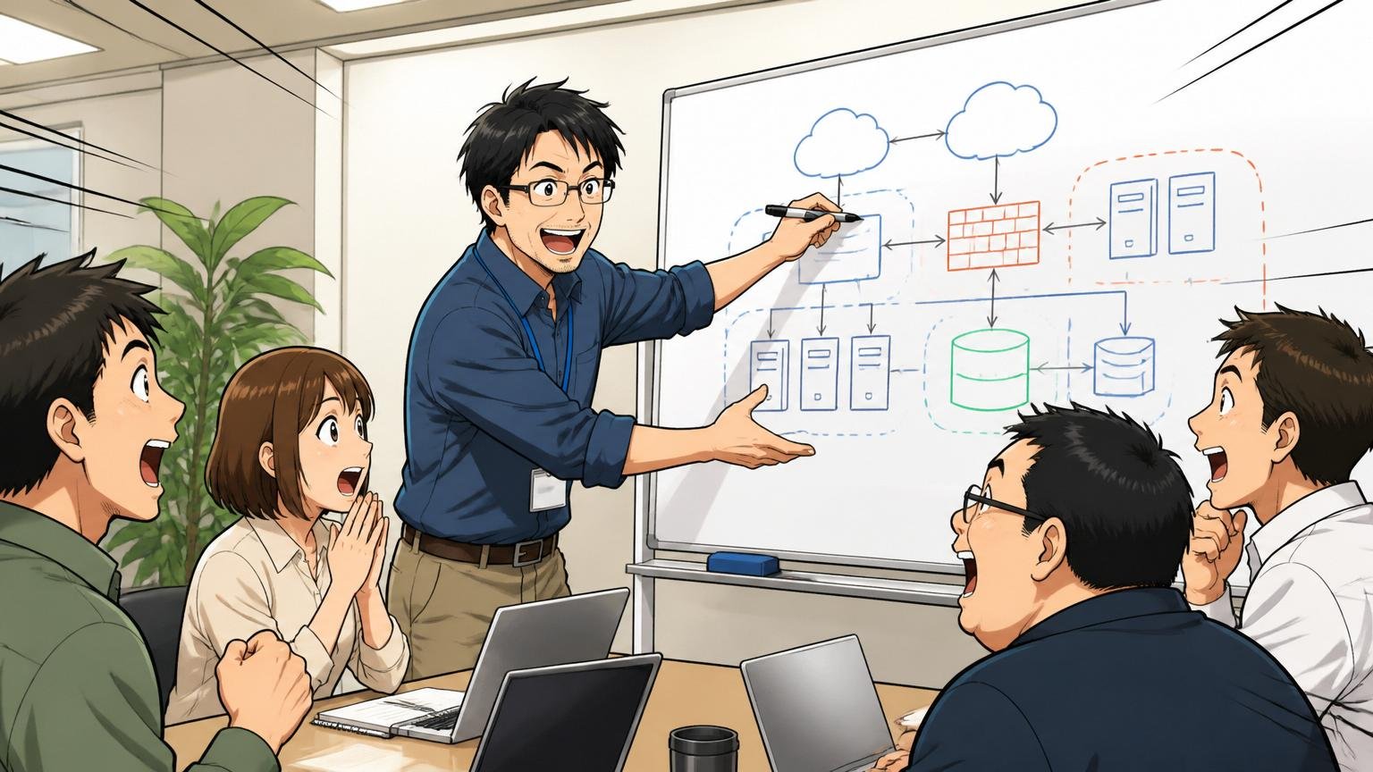 IIJの会議室で技術勉強会を主催する40代男性エンジニアが熱心にホワイトボードに図を描き説明する場面