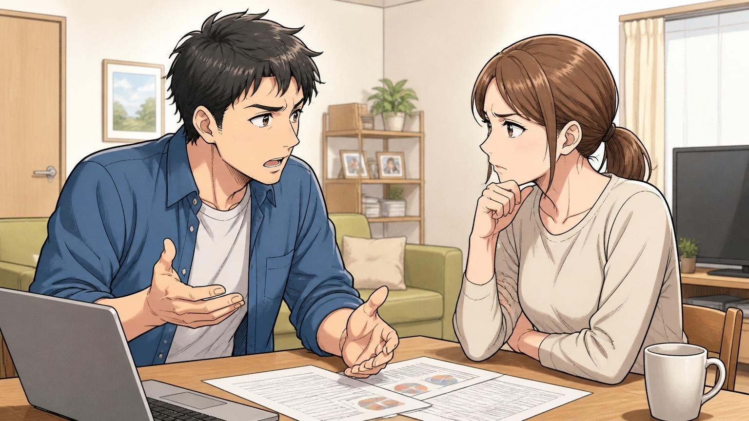 自宅のリビングで家族と話し合いをする30代SE男性と配偶者の真剣な表情