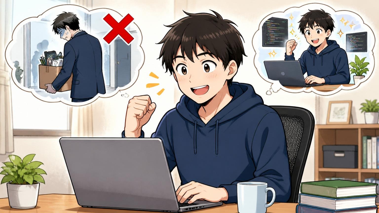 エージェント登録は退職フラグではないという説明自宅のデスクでノートPCを操作するエンジニア1人安心した表情