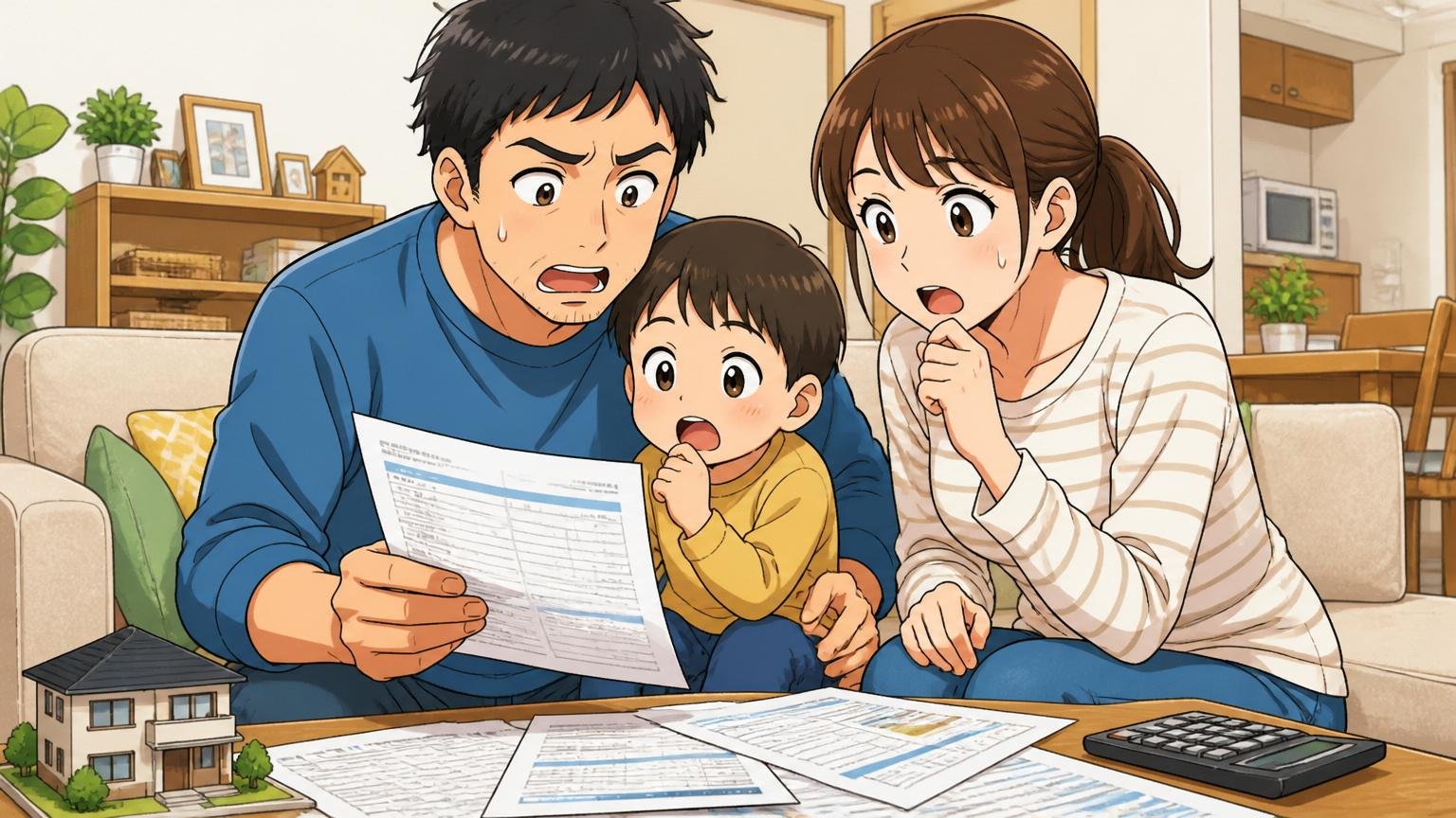 自宅のリビングで子どもを膝に乗せて住宅ローン書類を確認する30代後半男性とパートナー2人
