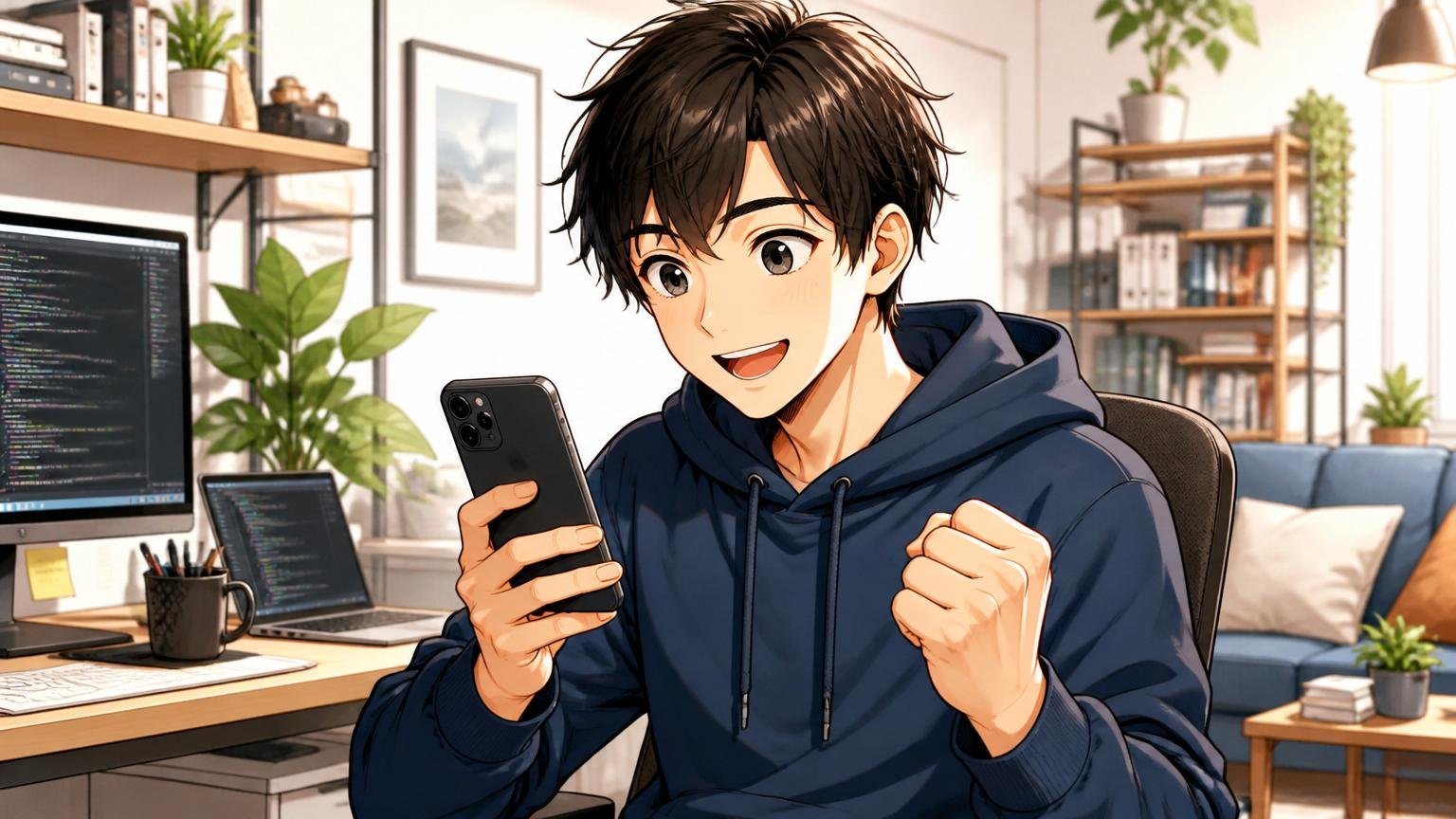 焦らなくていい でも自分の市場価値だけは今日知っておこう 自宅でスマホを手に前向きな表情の男性エンジニア1人