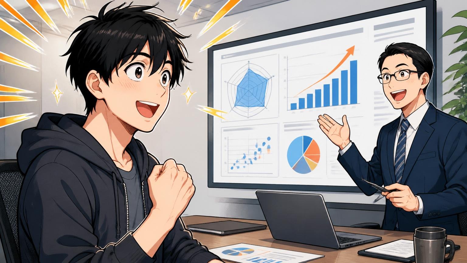 企業の会議室で自分の市場価値の説明を受けて表情が明るくなるゲーム開発エンジニア1人