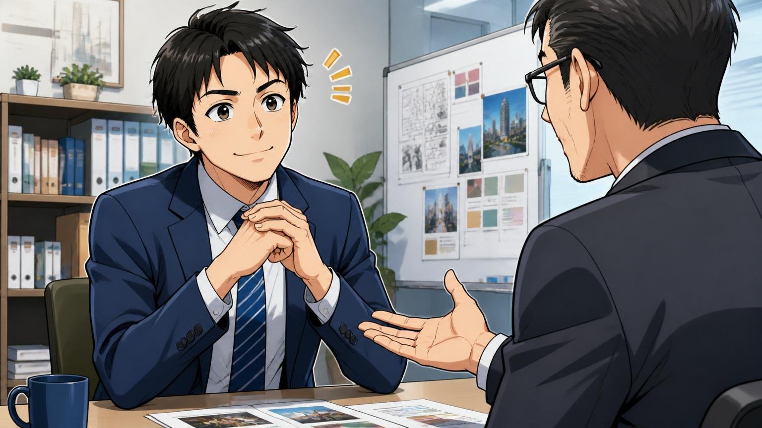 残るのが正解になりやすい人。広告会社のオフィスで上司と面談する30代男性が納得顔