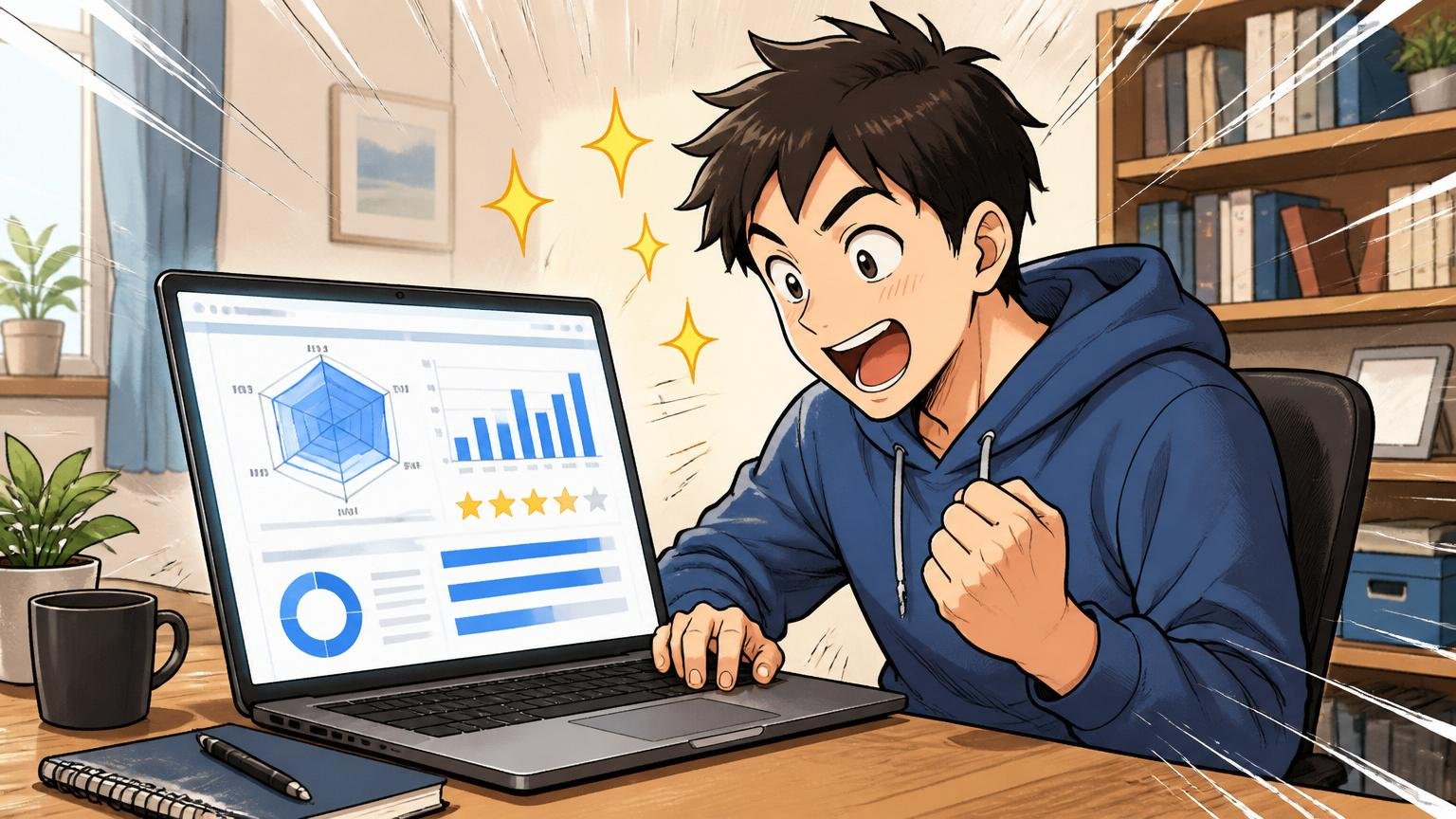 ステップ1自分の市場価値を正確に知る。自宅のデスクで男性エンジニアがPCで市場価値診断を見る