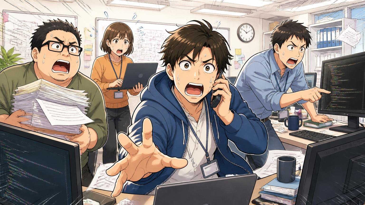 IT人材は構造的に不足。IT企業のフロアで人手不足に追われ慌ただしく動く少人数のチーム