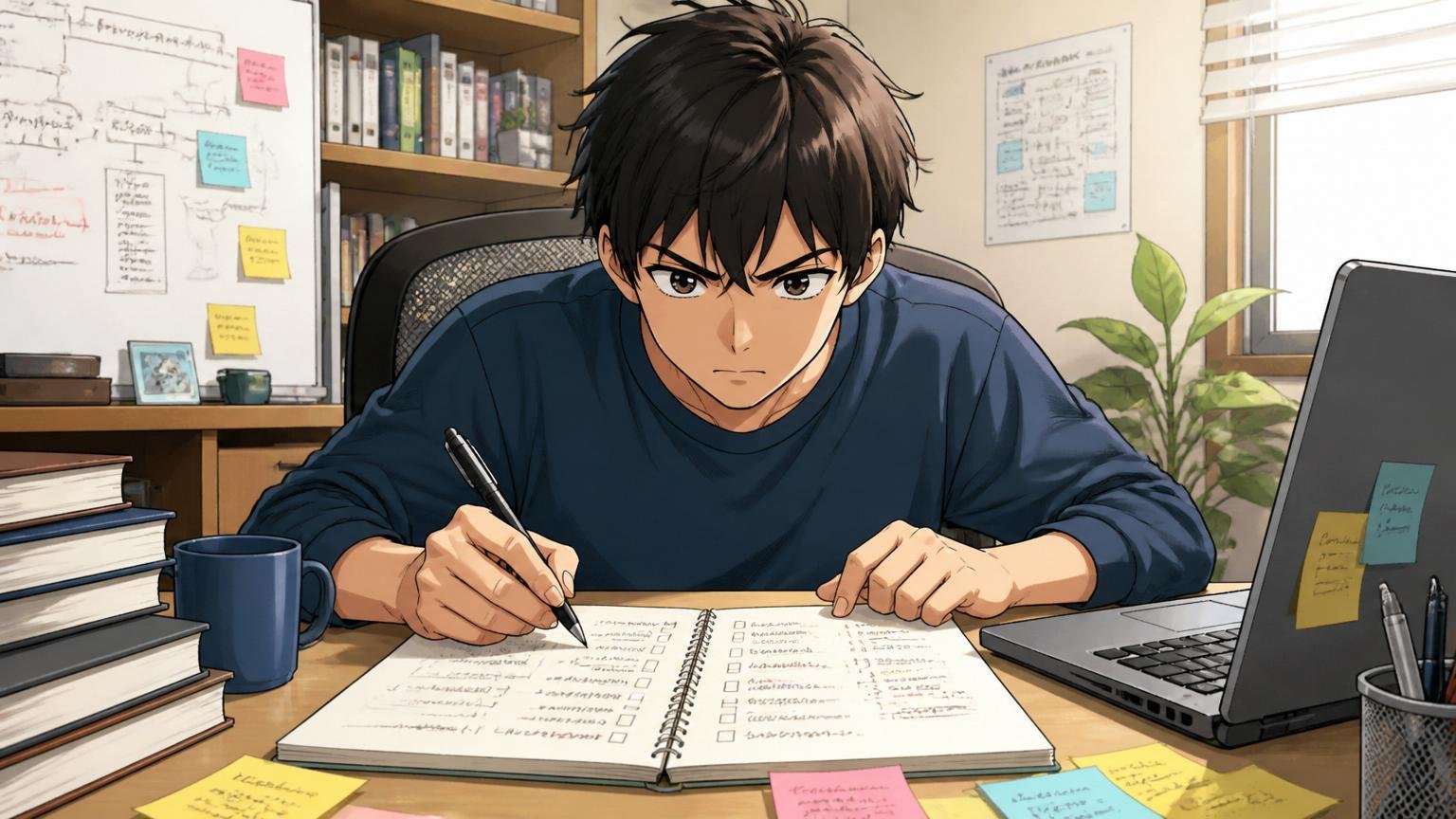 自宅のデスクで自分の担当技術や開発実績をノートに一つずつ書き出し、真剣な表情で棚卸しをするエンジニア