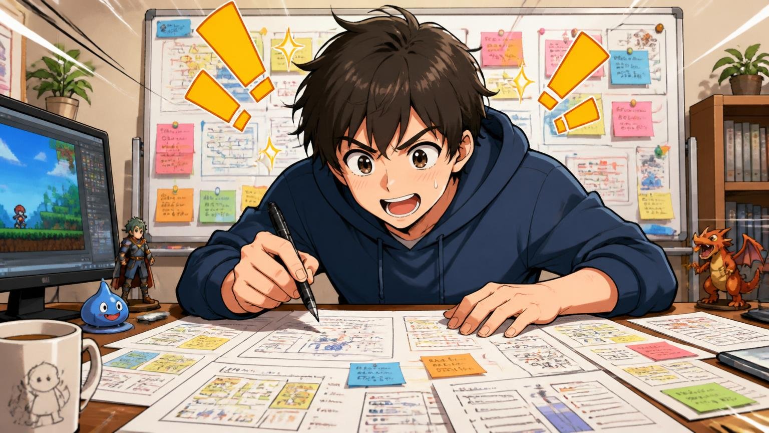 自宅のデスクでこれまで担当した開発スキルや実績を一覧に書き出して整理するゲームエンジニア1人