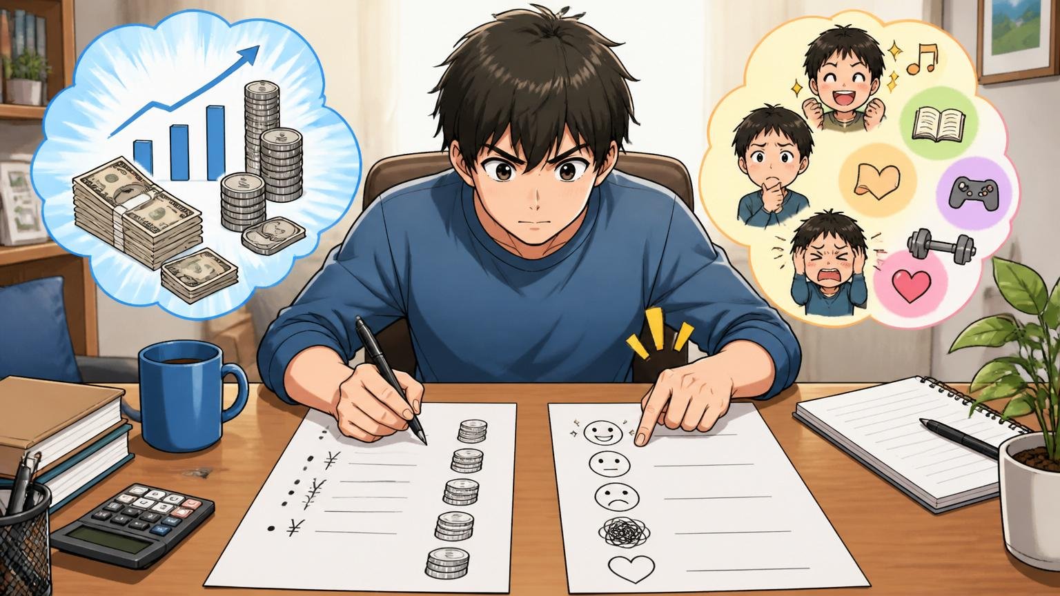 ステップ1――感情と数字を切り分ける。自宅のデスクで男性が紙に年収と気持ちを書き出し整理する