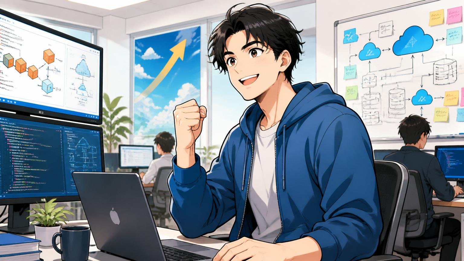 クラウドやAWSの専門性は追い風のなかにある IT企業のオフィスで自信を取り戻す表情の男性エンジニア1人