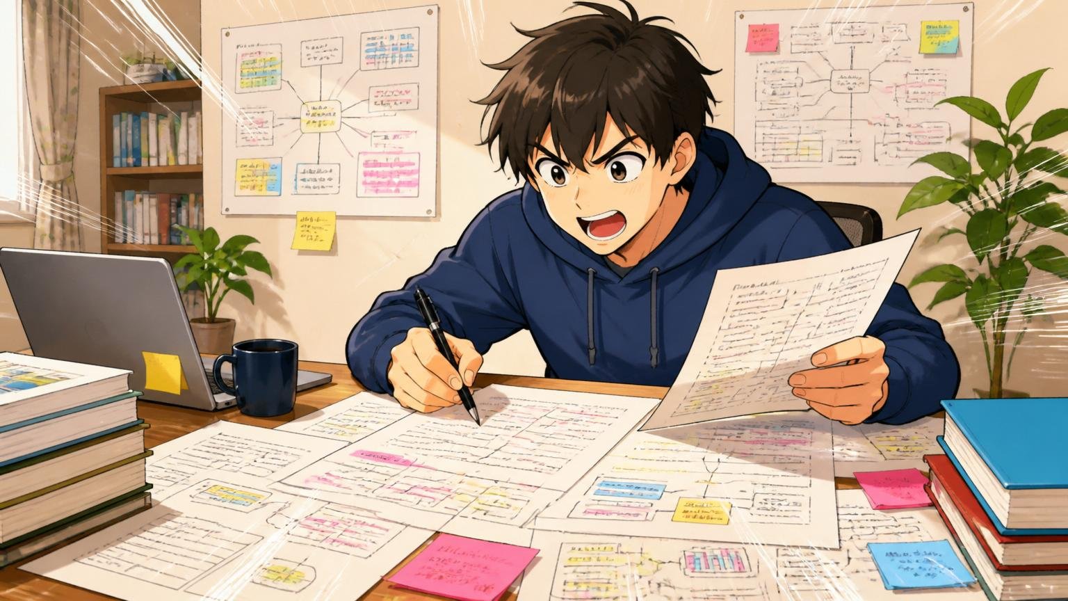 これまでの仕事と技術と規模を棚卸しする。自宅のデスクでエンジニアが職務経歴を紙に書き出して整理している