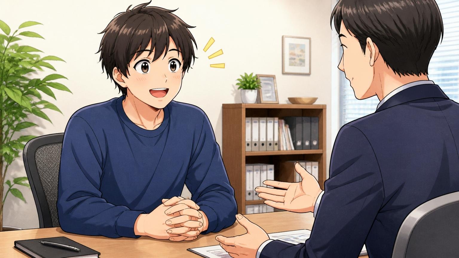相談したら無理やり転職させられないか。面談ルームで20代男性が安心した表情でアドバイザーと話す
