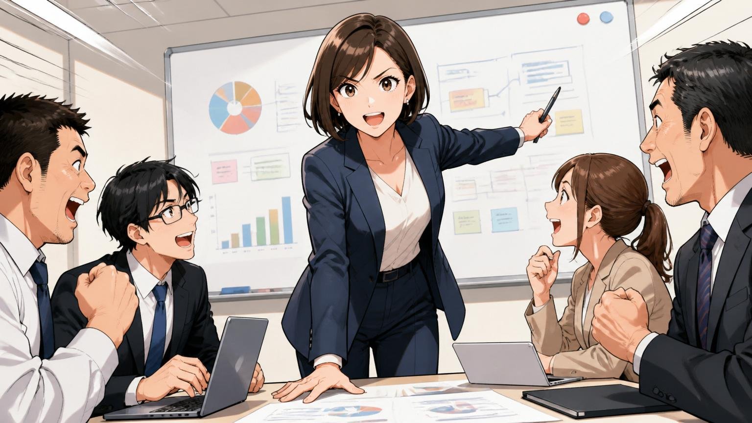 役割を上げれば年収は上がるPM職という道。SIerの会議室でメンバーを率いて進行する女性プロジェクトマネージャー1人