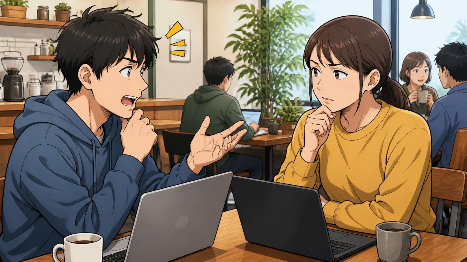 現職の年収を基準にすると判断を間違える。カフェで転職の話をする若手男性と中堅女性エンジニア2人