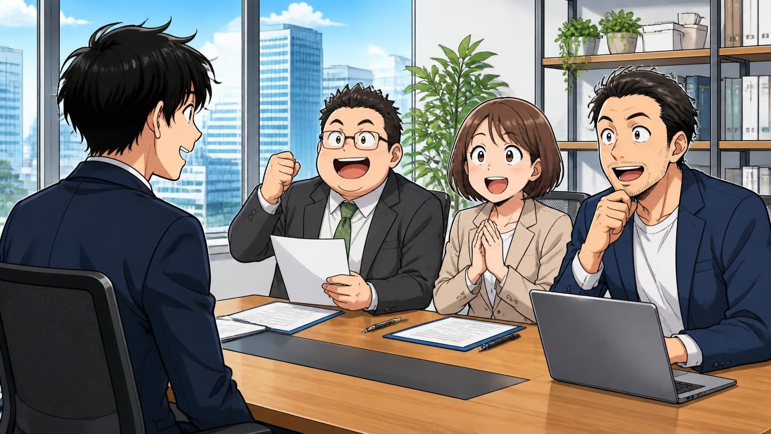 エンジニア経験者の市場価値は構造的に高い。Web系企業のオフィスで男性エンジニアが面接を受ける