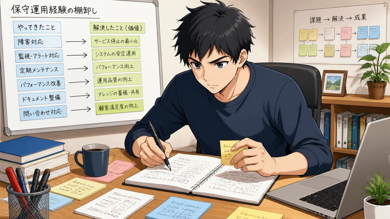 保守運用経験を棚卸しして解決したことに変換する、自宅のデスクで自分の業務経験を書き出して整理するエンジニア1人、集中した表情