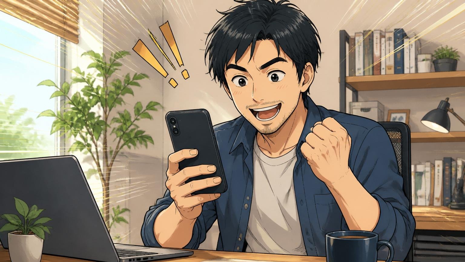 まずは無料で市場価値を確かめる。自宅のデスクで30代男性エンジニアがスマホで転職エージェントに登録し前を向く
