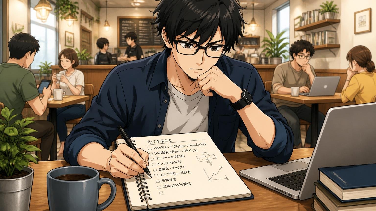 まずやるべきは市場価値の把握と情報収集。カフェでノートに今できることを書き出す男性エンジニア1人