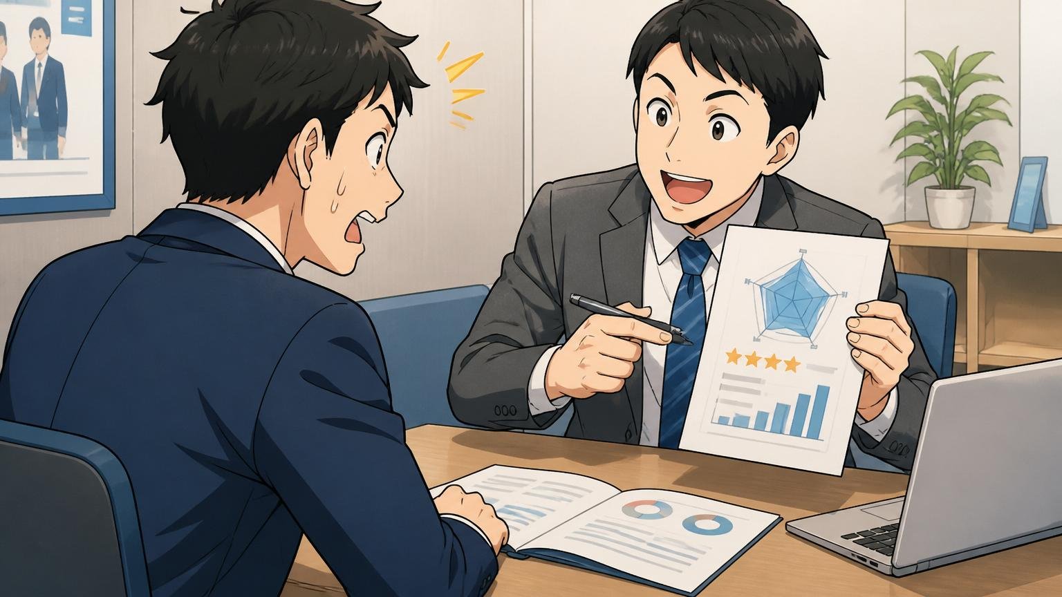 転職エージェントで市場価値を診断。転職エージェントの面談ブースでアドバイザーが30代男性に資料で説明する