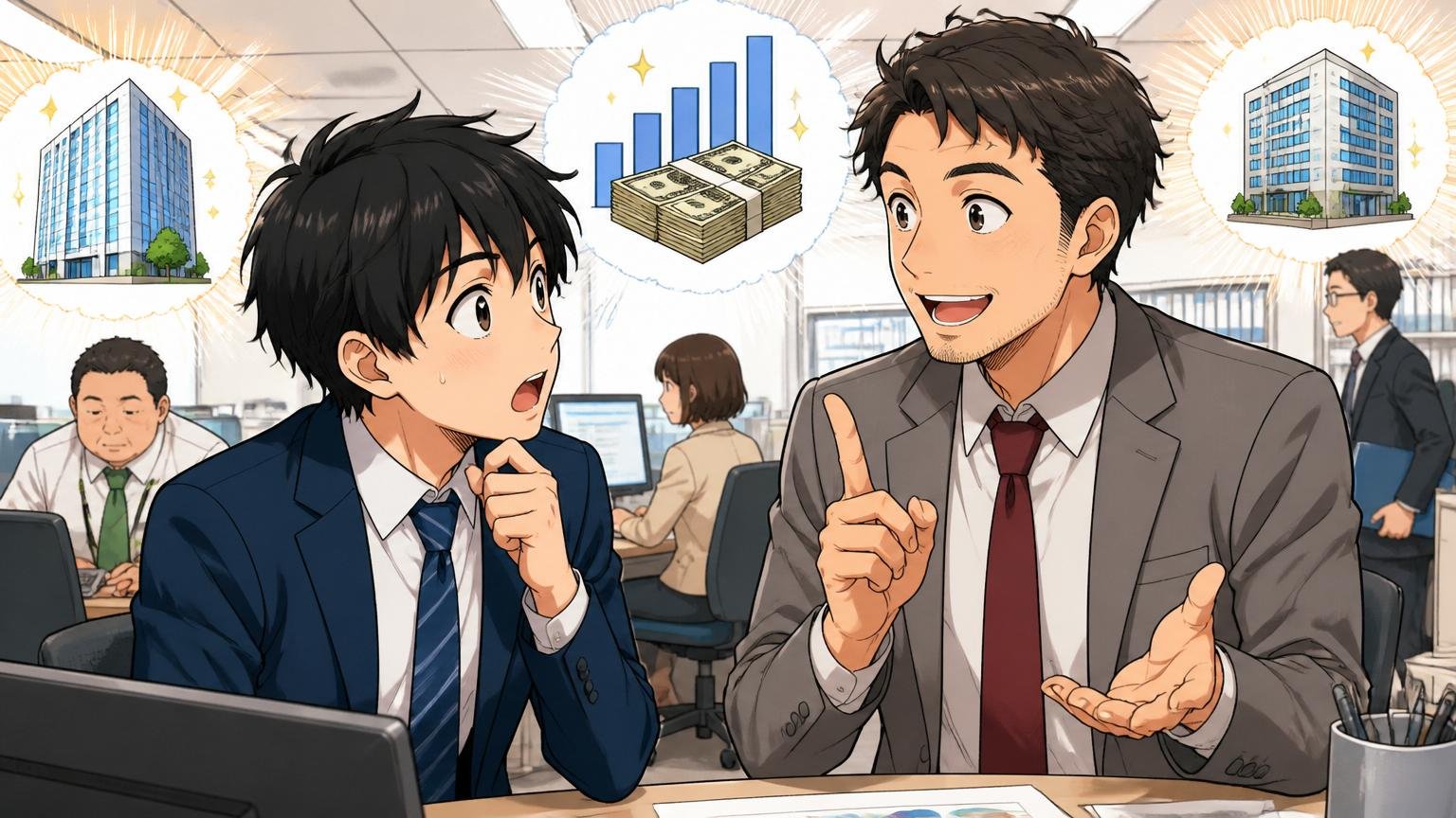 市場価値とは同じスキルで他社ならいくらか。オフィスで先輩に質問する若手男性と答える中堅男性