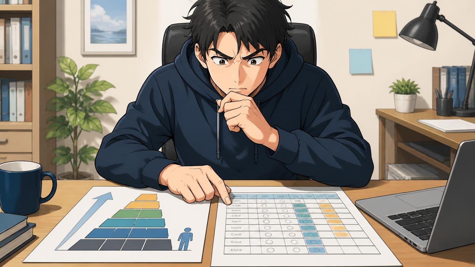 自宅のデスクで自分の等級と評価シートを並べて現在地を確認するエンジニア1人