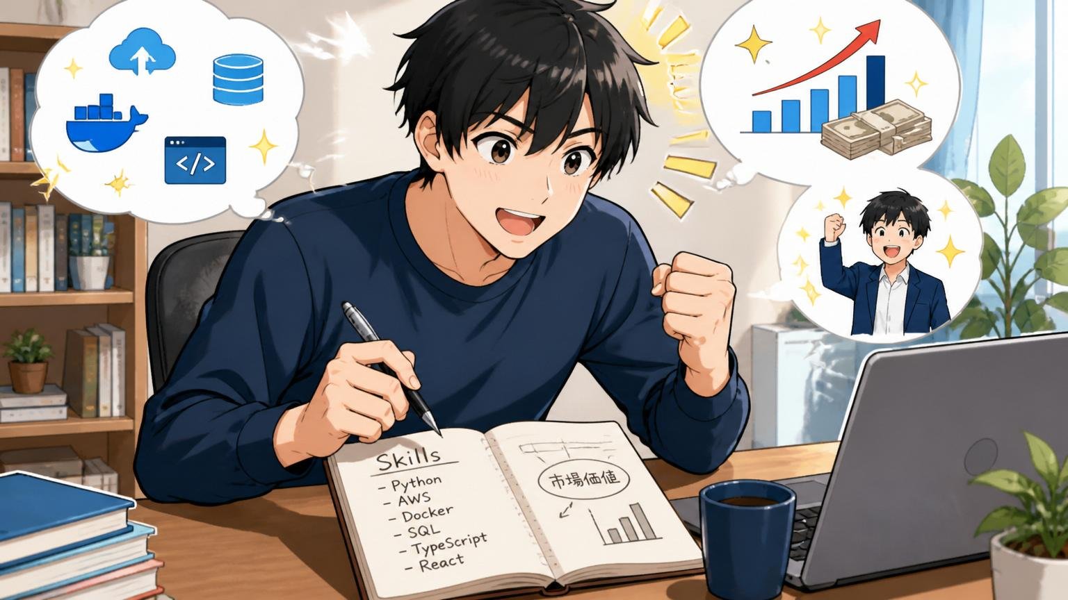 市場価値の棚卸しと年収相場の把握。自宅のデスクでスキルを書き出し前向きな表情を見せる男性エンジニア1人