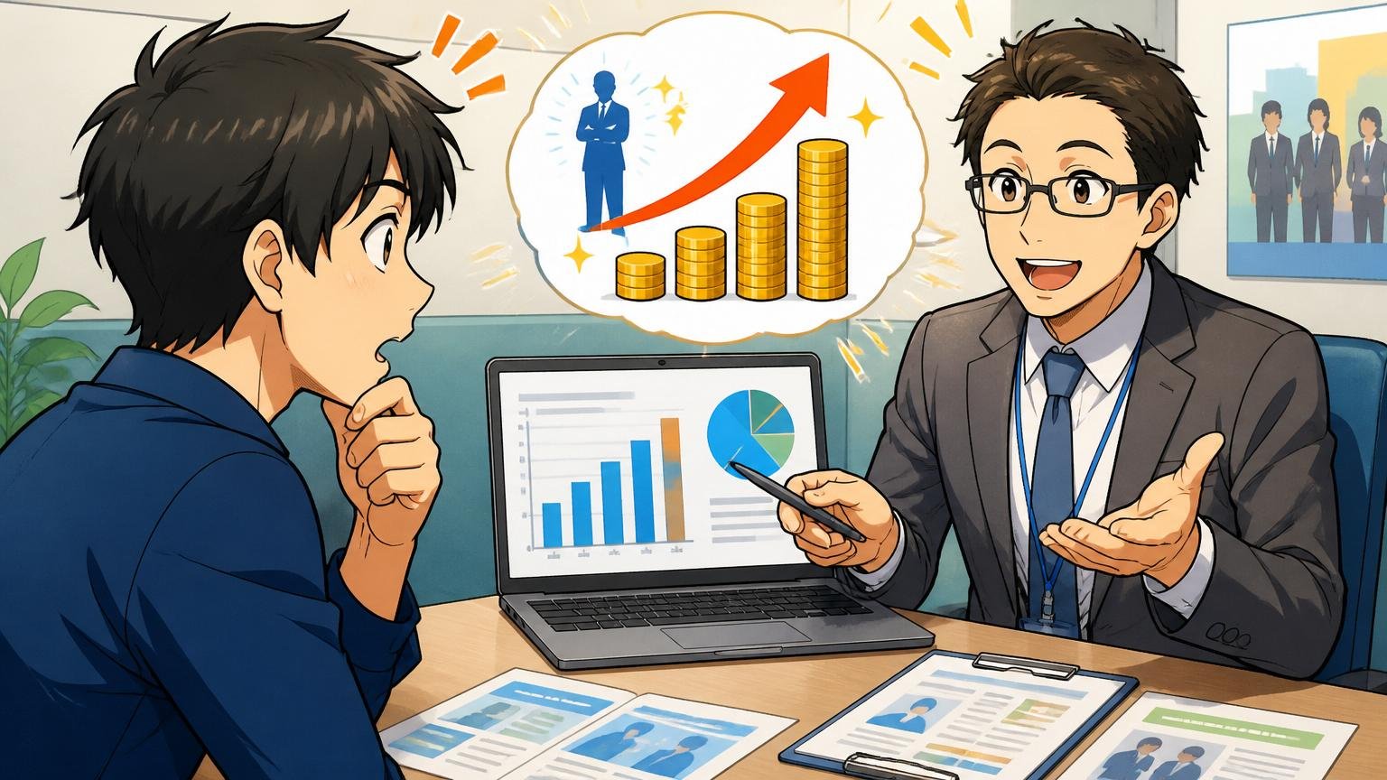 なぜ転職エージェントで市場価値がわかるのか。面談ブースでキャリア相談員が男性エンジニアに年収相場を説明