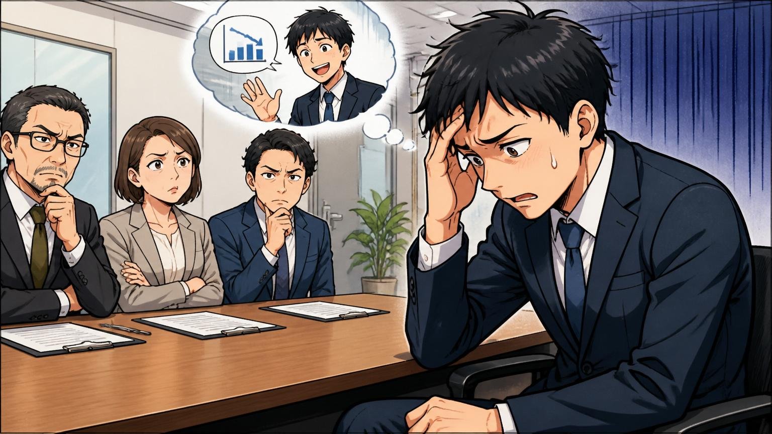 現職の年収を基準に希望年収を決める失敗 企業の会議室で面接 30代男性が1人 希望年収を低く言ってしまい後で後悔する表情