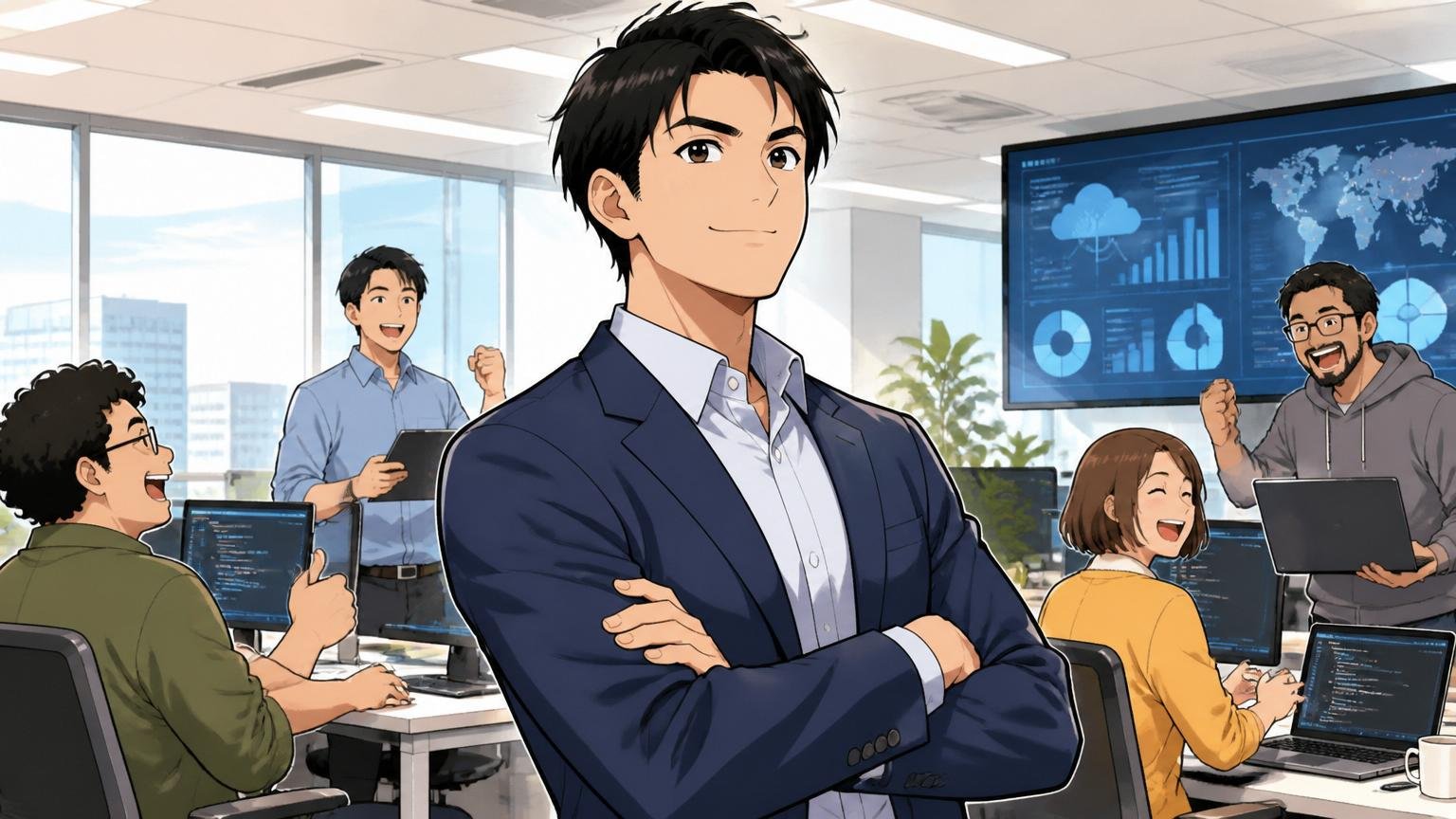 リコージャパン出身者の転職先は外資大手ITに広がる。外資系IT企業のオフィスで男性社員が自信ある表情で立つ