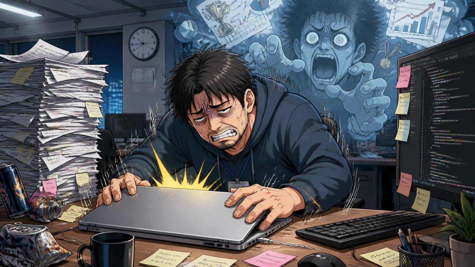 Web系企業のオフィスで深夜デスクで疲弊した表情の30代エンジニア1人がPCを閉じる。成果主義の摩耗をオーバーリアクションで表現