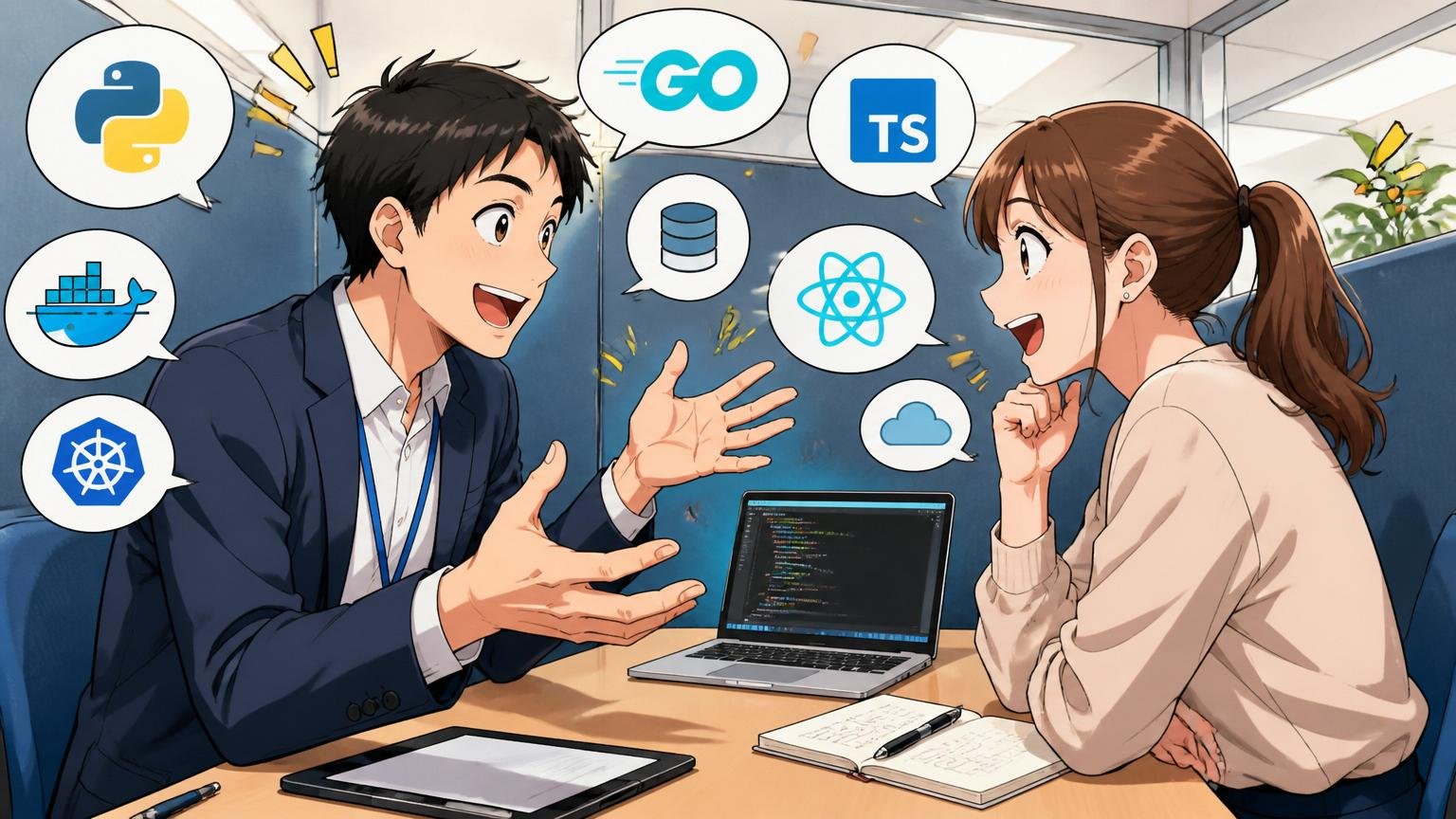 IT特化型エージェントを必ず1社入れる理由。IT特化型転職エージェントの面談ブースで、30代男性エージェントと30代女性エンジニアが技術スタックの話で盛り上がっている