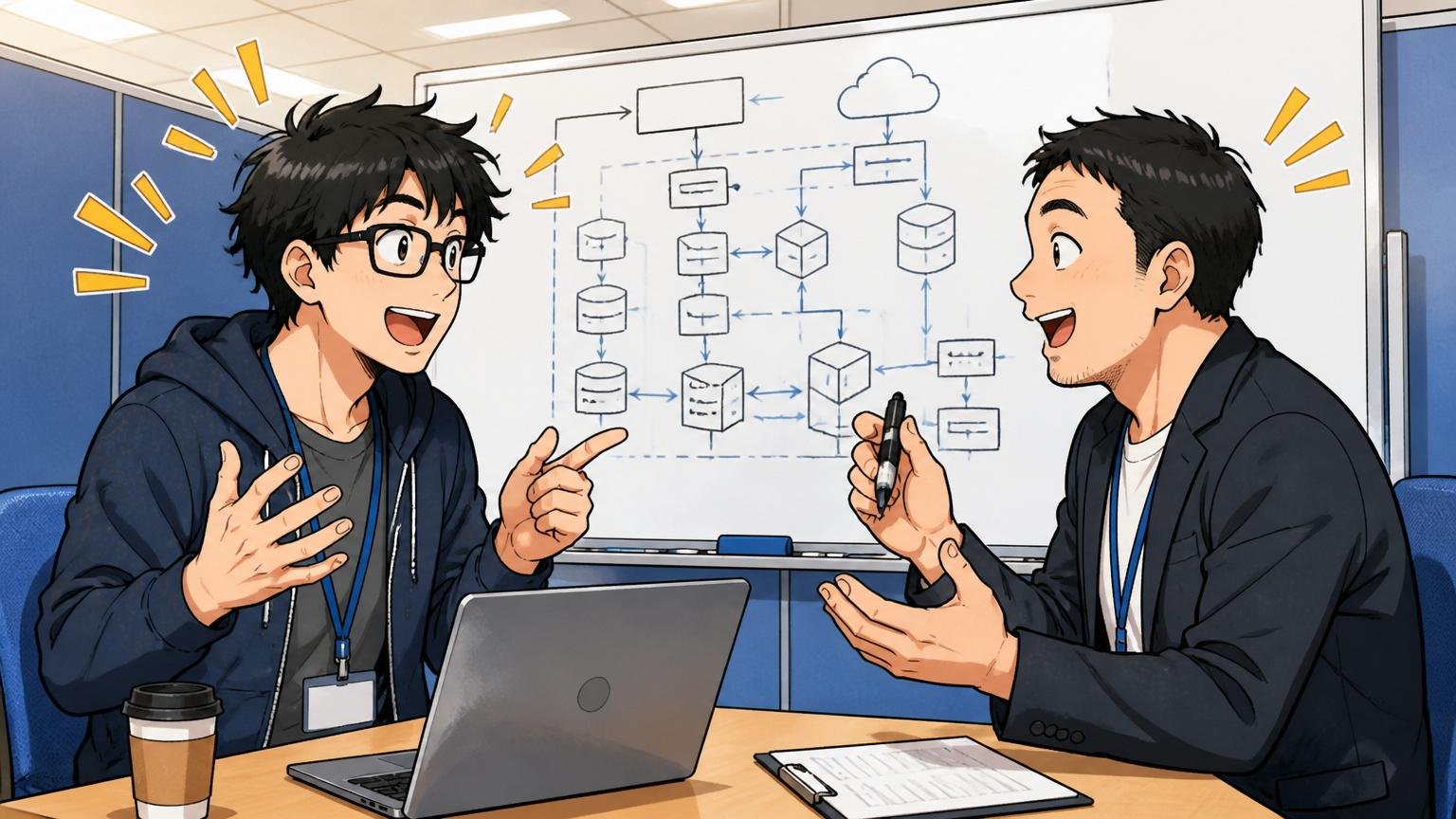 エージェント面談ブースで技術用語で会話が弾む30代エンジニア1人と担当者1人、ホワイトボードに構成図