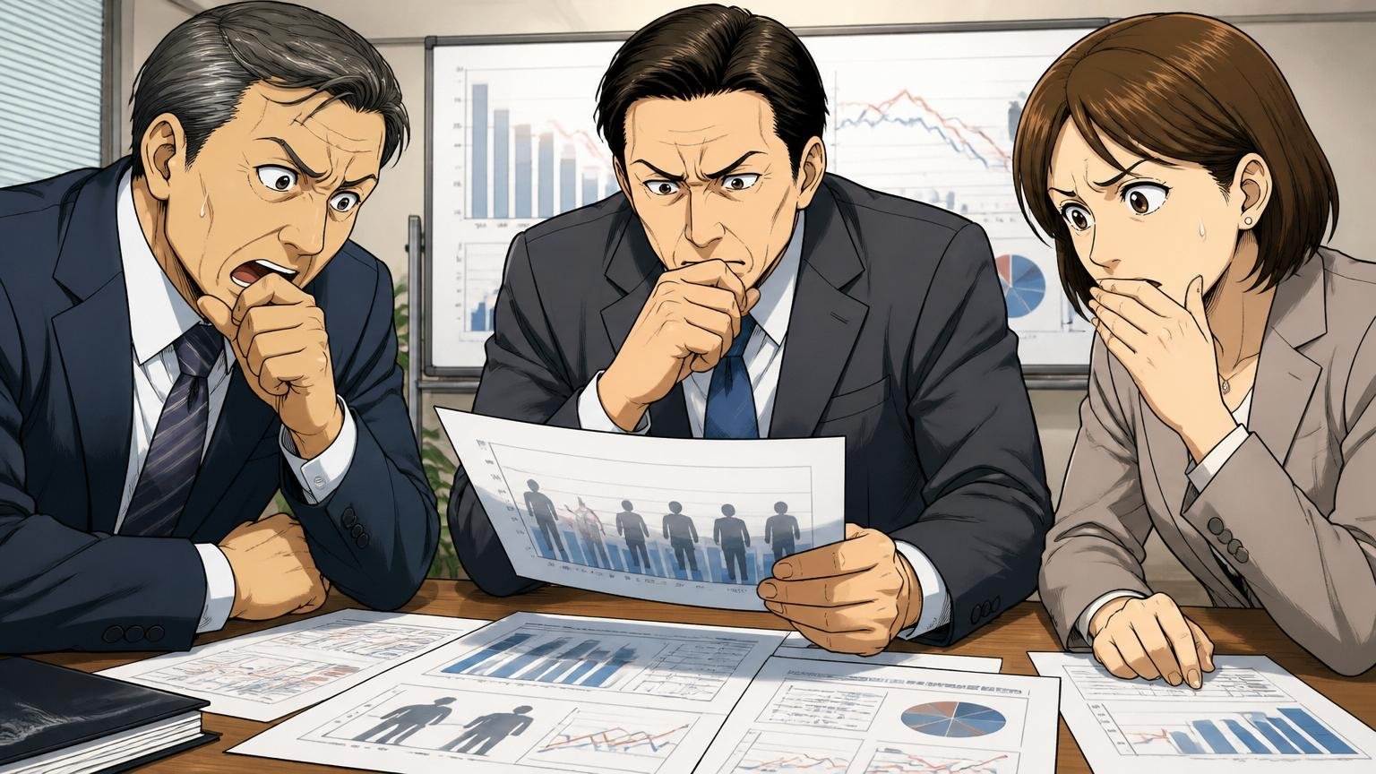 経産省試算で2030年にIT人材は最大79万人不足。企業の会議室で3人の経営層が深刻な表情で人材計画資料を見ている
