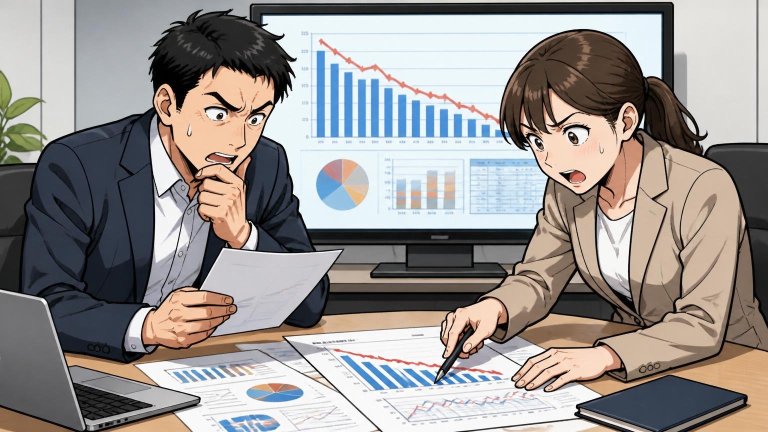 2030年に最大79万人不足という公的試算。日本企業の会議室で30代男女エンジニア2名が需給データのグラフを真剣に分析する