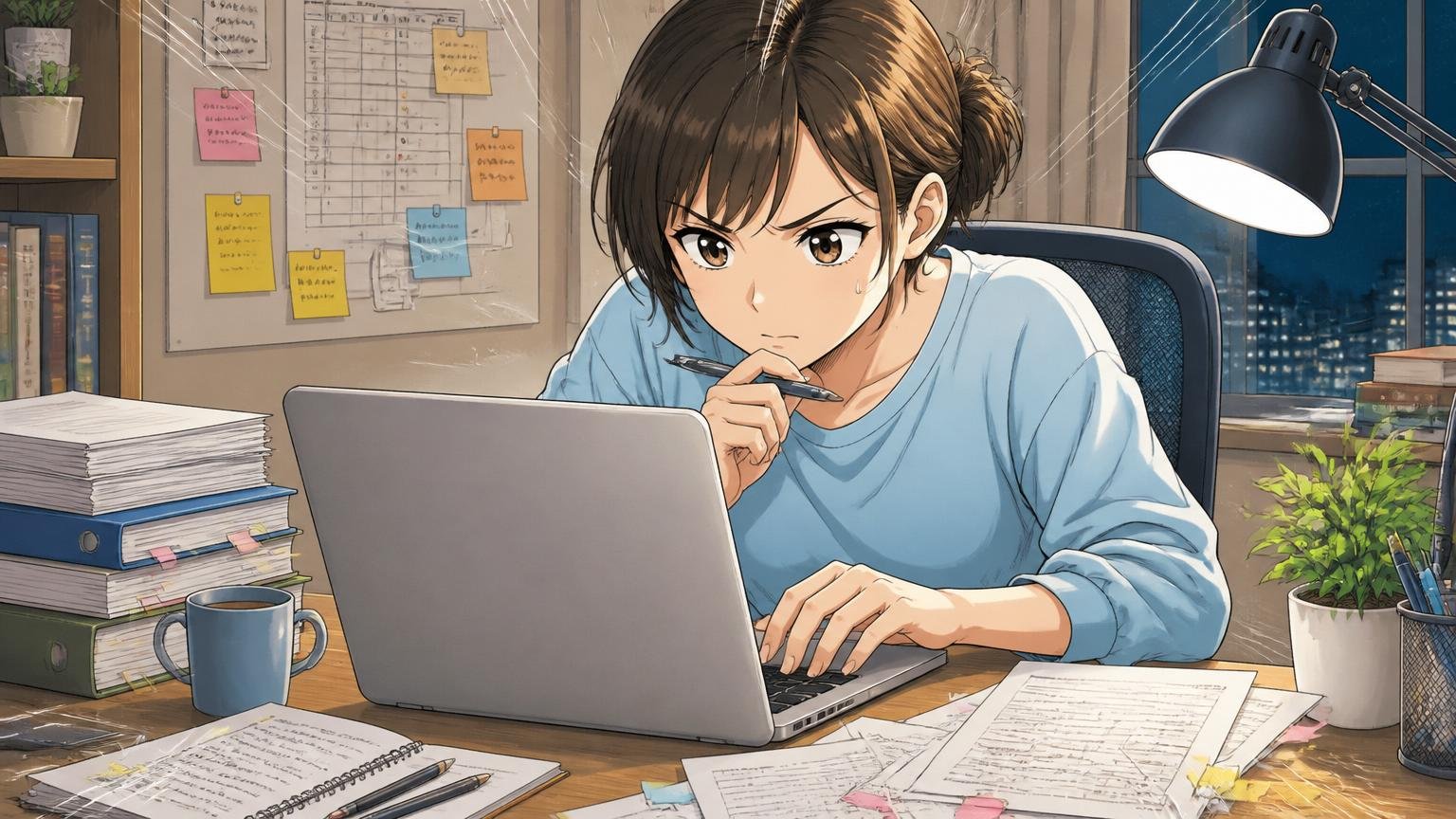 職務経歴書を真剣に書き直す転職検討者｜自宅のデスクで深夜にラップトップで職務経歴書を編集する30代女性