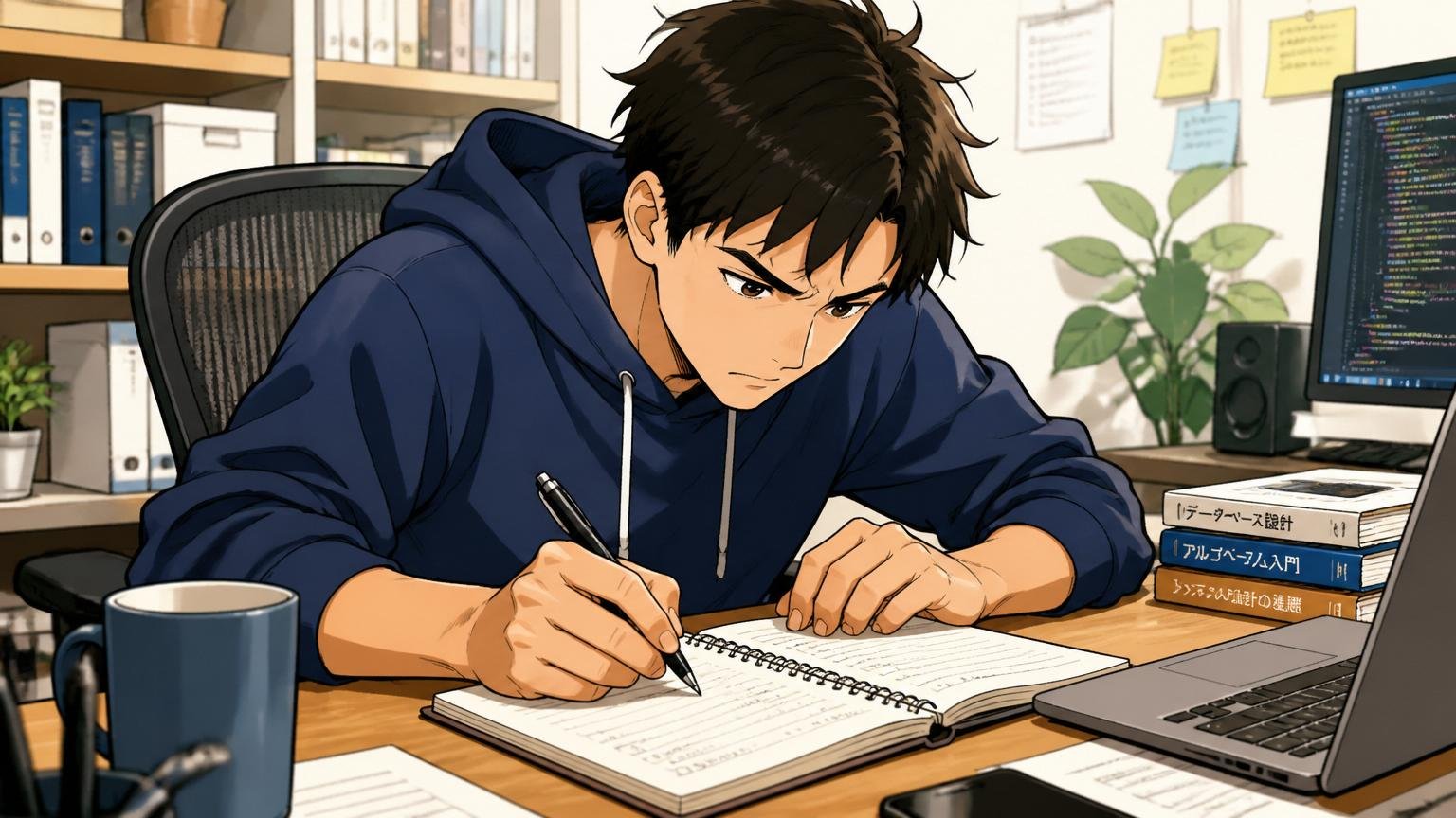 自宅のデスクでノートに案件履歴を書き出す30代男性エンジニア1人、集中した表情