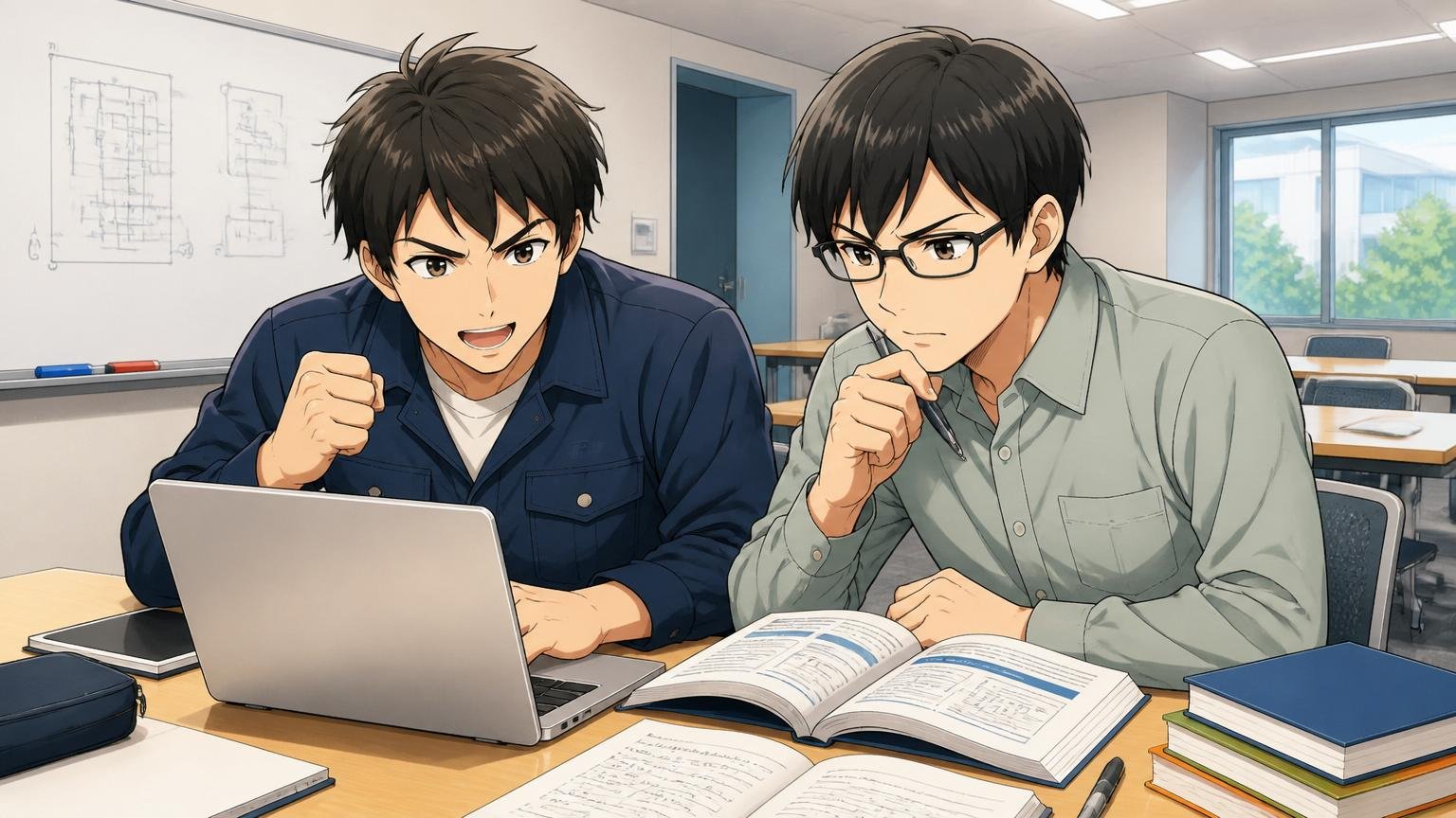 日立製作所の若手研修ルームで真剣に学ぶ20代男性エンジニア2人、ノートPCと参考書を広げる前向きなシーン