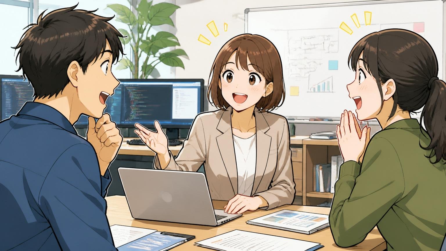 ITエンジニア経験者向けに特化したエージェントが必要な理由。IT特化型エージェントのオフィスで面談する30代女性キャリアアドバイザーと求職者2人、和やかな雰囲気