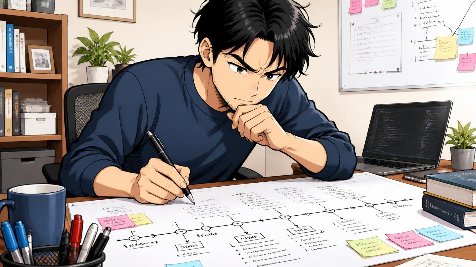 自宅のデスクで自分の経歴を時系列に書き出している30代のITスペシャリスト1人