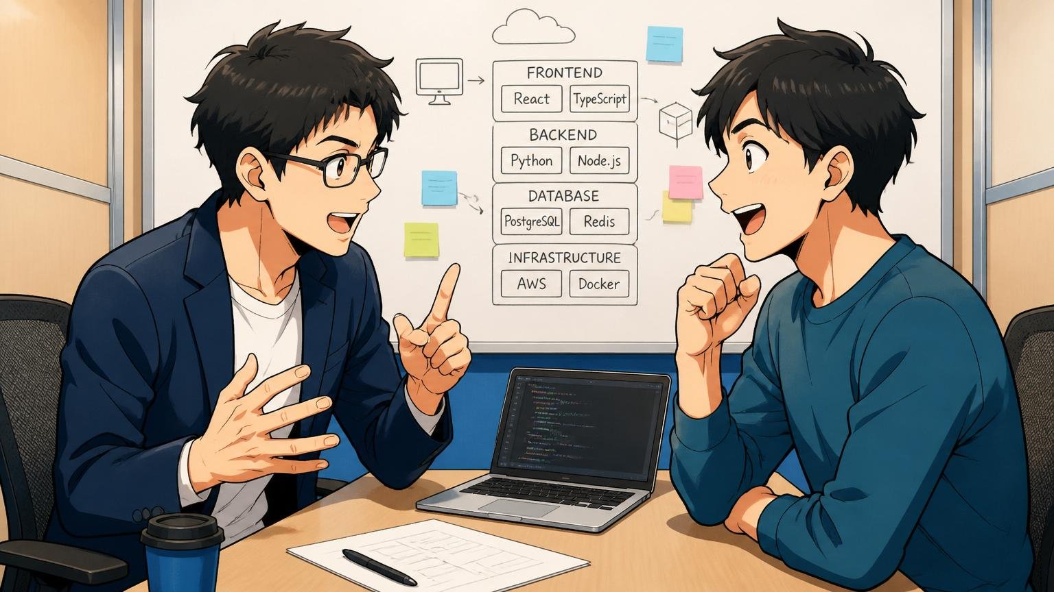 エンジニア出身のエージェントと技術スタックの話で盛り上がる相談者、転職エージェントの面談ブースで対話する30代男性2人